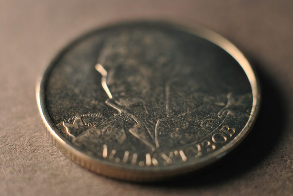 A close up of a coin on a table