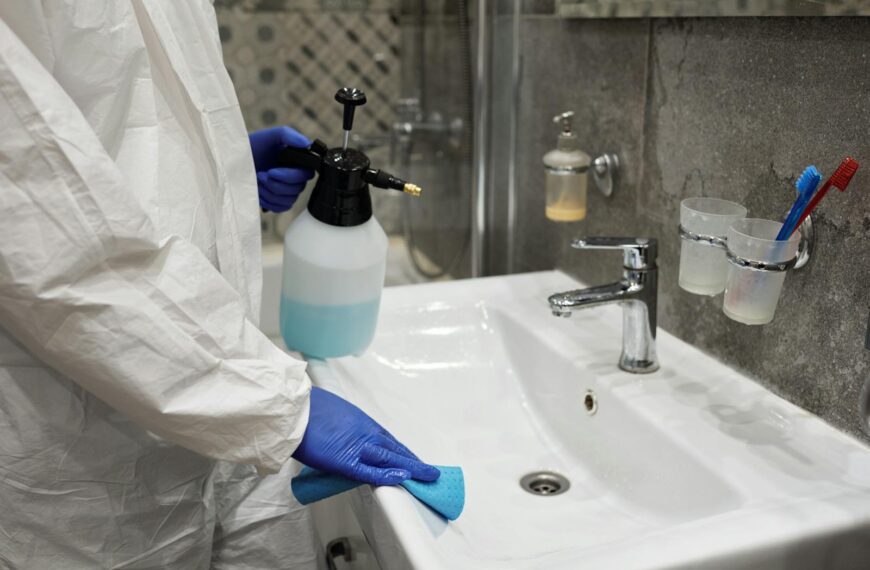 A person sanitizing a bathroom sink with a spray bottle, ensuring hygiene.