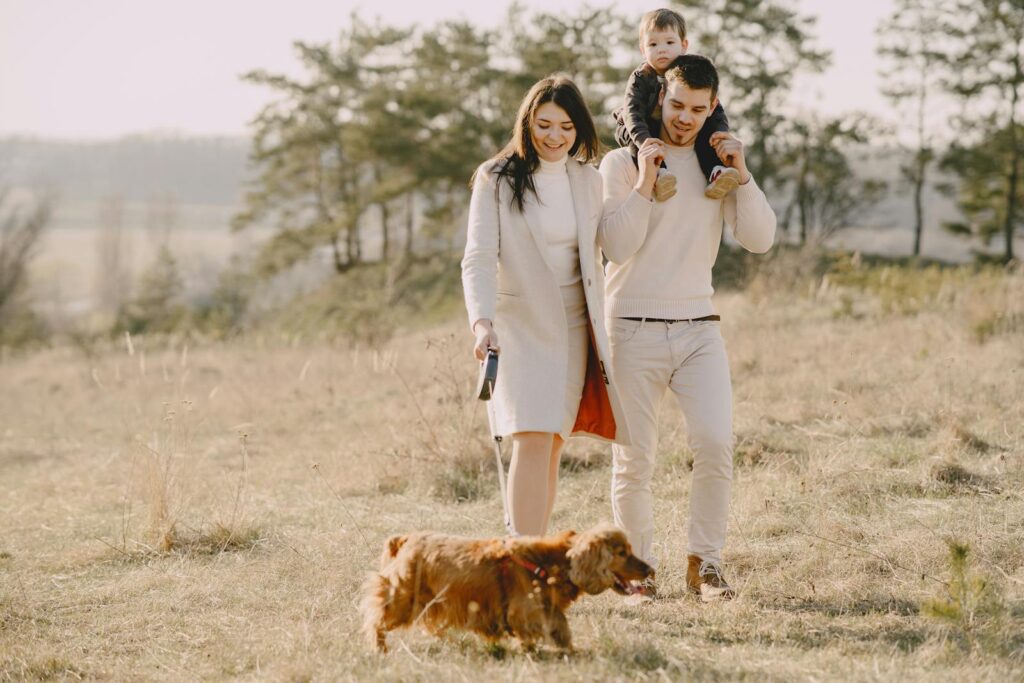 A cheerful family with a child enjoying a sunny walk with their brown dog in a grassy field.