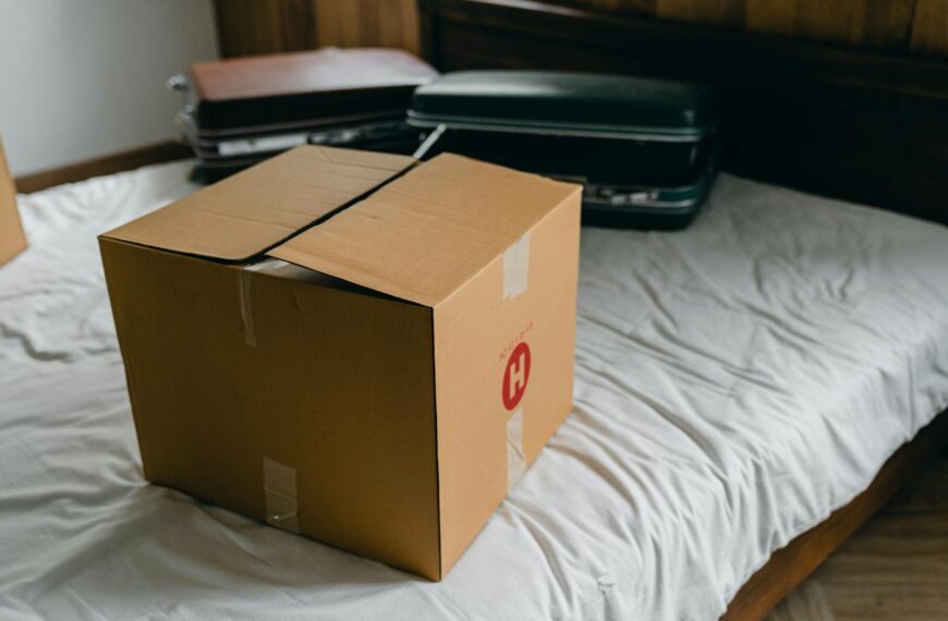 A cardboard box sits on a bed surrounded by suitcases, symbolizing moving or unpacking.