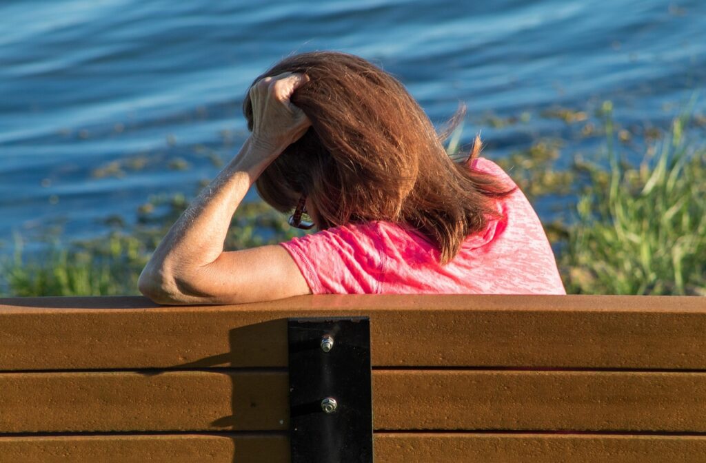 woman, thinking, bench, person, sitting