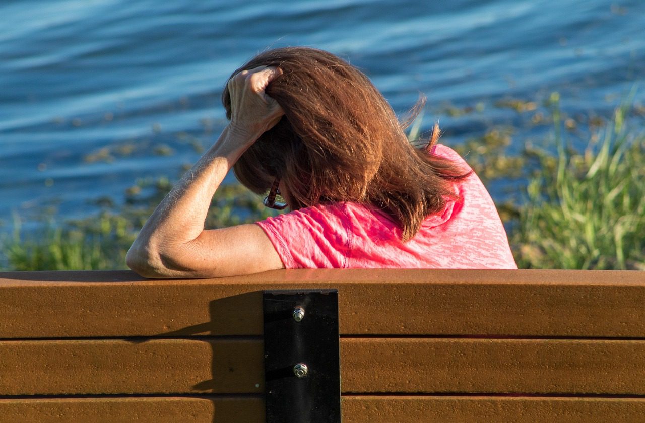 woman, thinking, bench, person, sitting