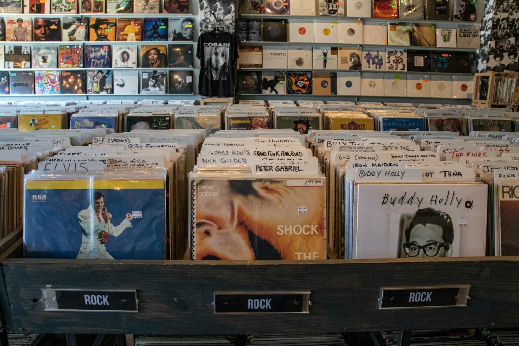 Explore a collection of classic vinyl records in an Orlando music store.