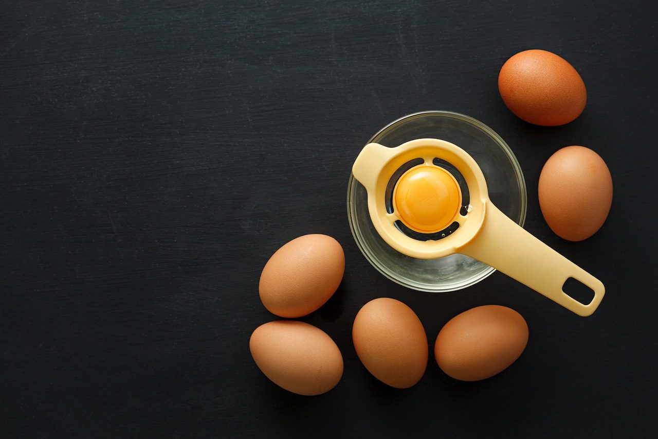 bowl, breakfast, cooking, egg, fresh, kitchen, organic, raw, separator, table, top view, yellow, yolk
