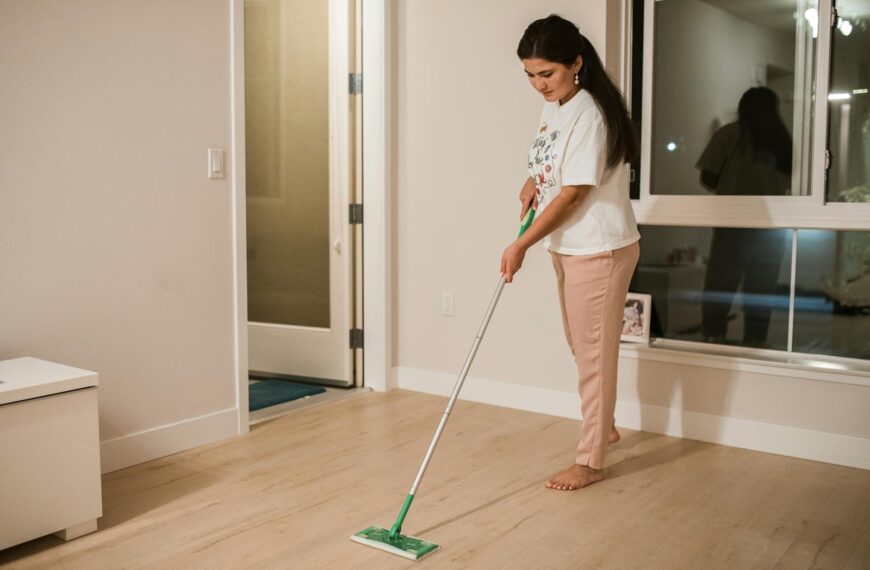 Woman cleaning a room with a mop, demonstrating domestic chores in a minimalist indoor setting.