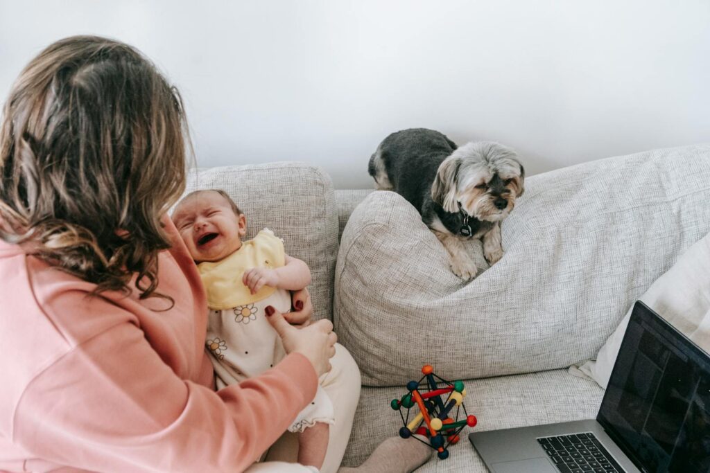 A mother consoles her crying baby on a sofa while a pet dog sits calmly nearby.