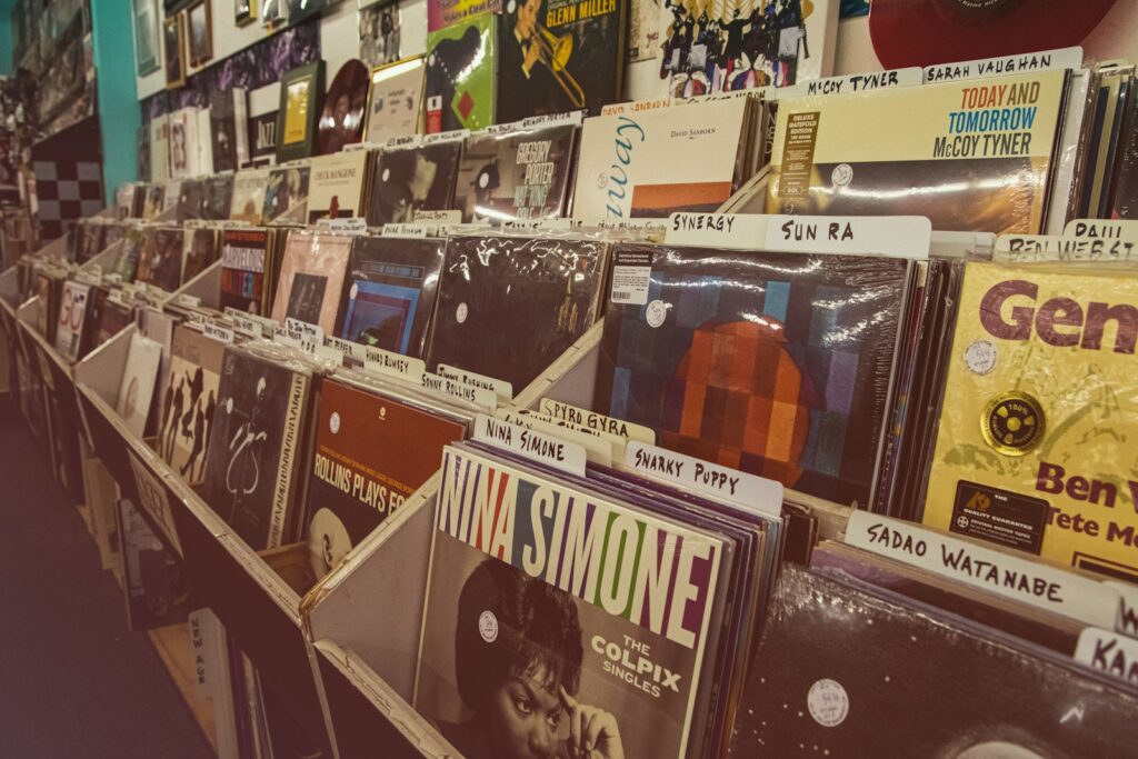 a row of records on display in a store