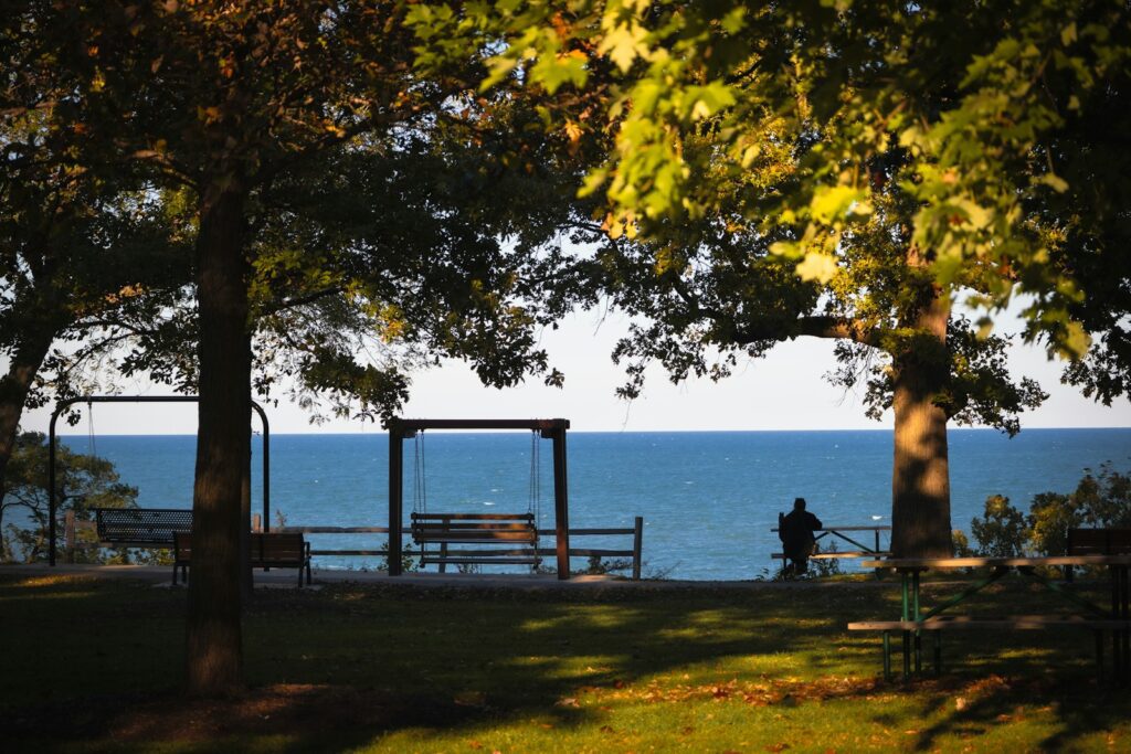 Park overlook with benches and ocean view