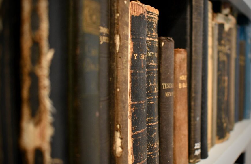 a row of books sitting on top of a white shelf