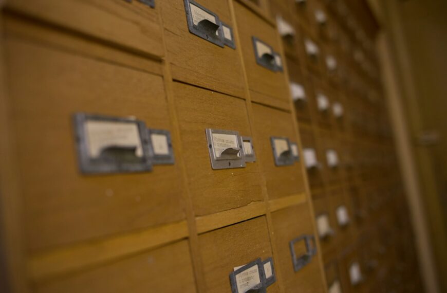 Wooden card catalog drawers with labels