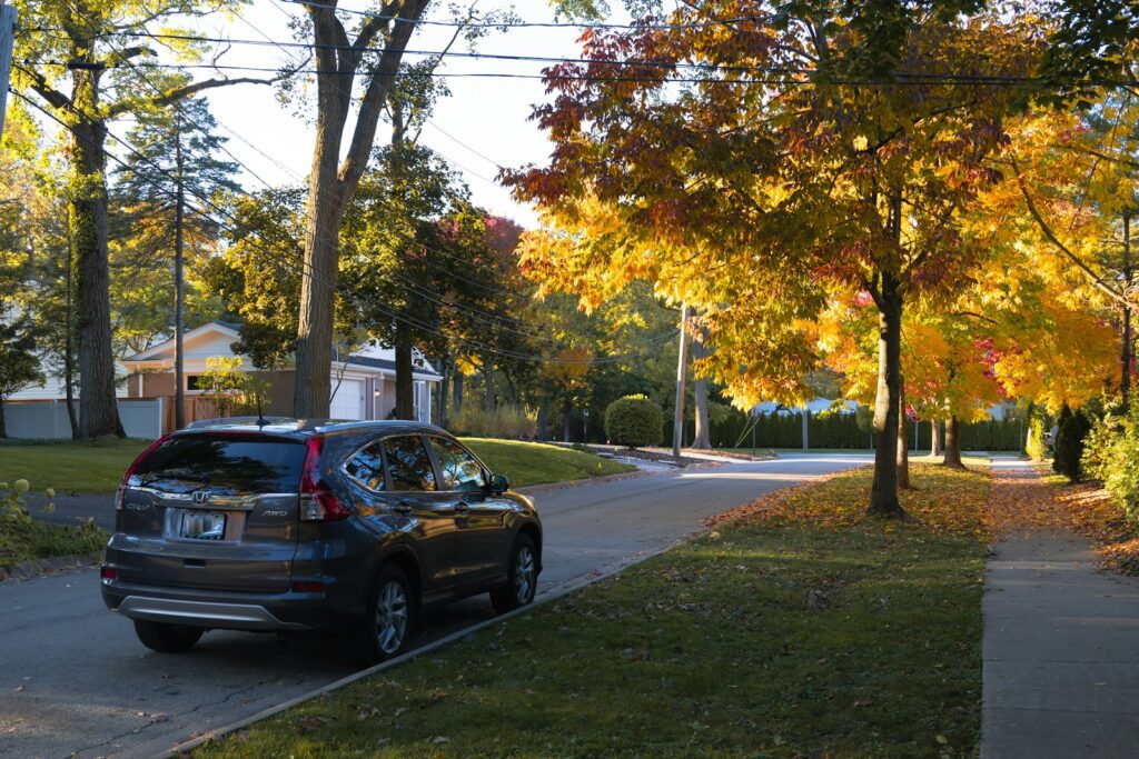 A dark suv parked on a tree-lined street in autumn.