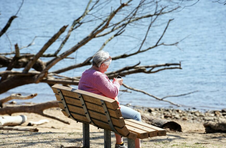 woman in pink shirt sitting on brown wooden bench near body of water during daytime