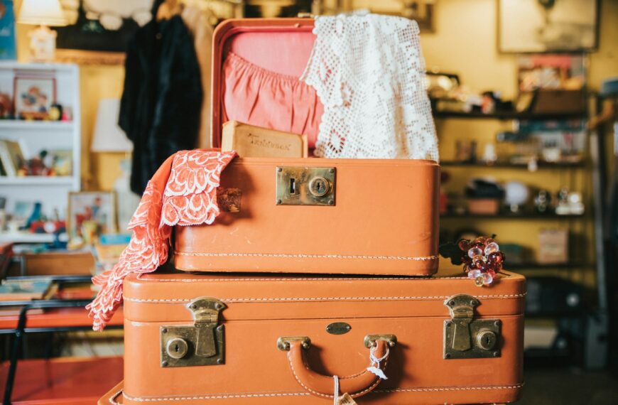 mini brown opened suit case on large suit case
