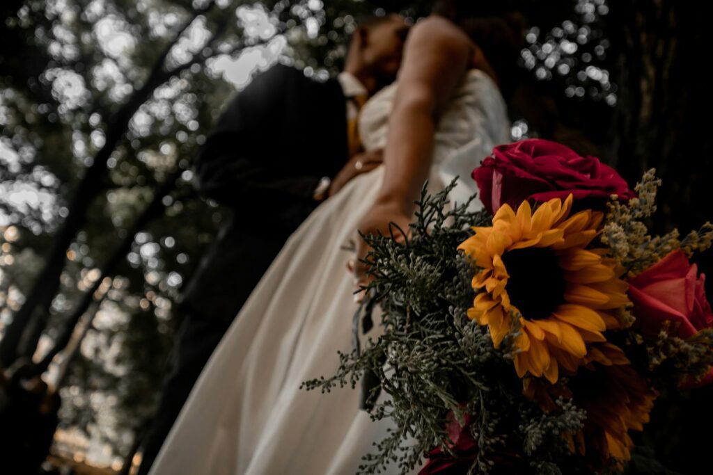 woman in white wedding dress kissing man in black suit