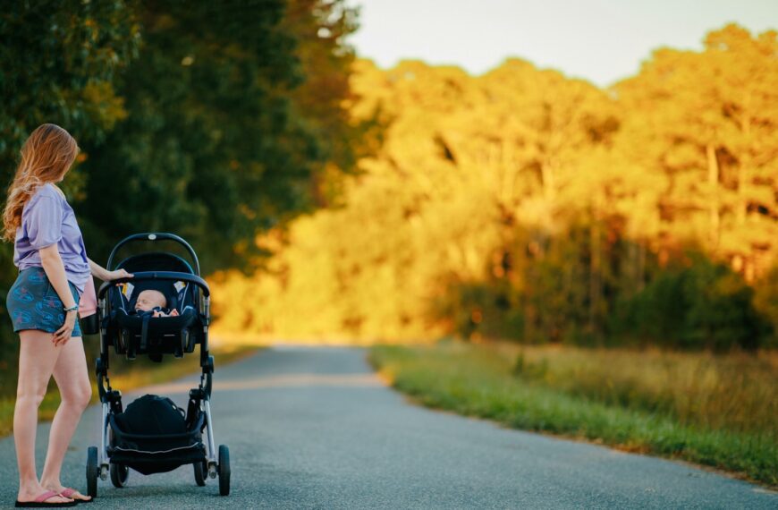 Woman pushing a baby stroller on a country road