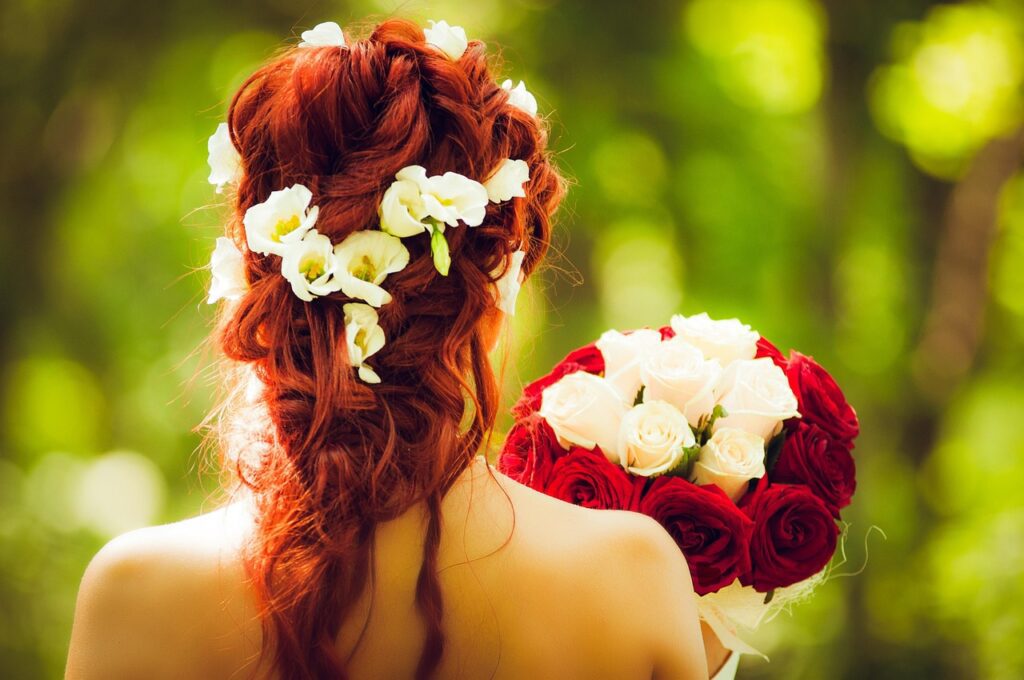 bride, wedding, redhead, nature, red hair, flower background, floral wreath, flower wallpaper, beautiful flowers, hairstyle, flowers, marriage, decoration, woman