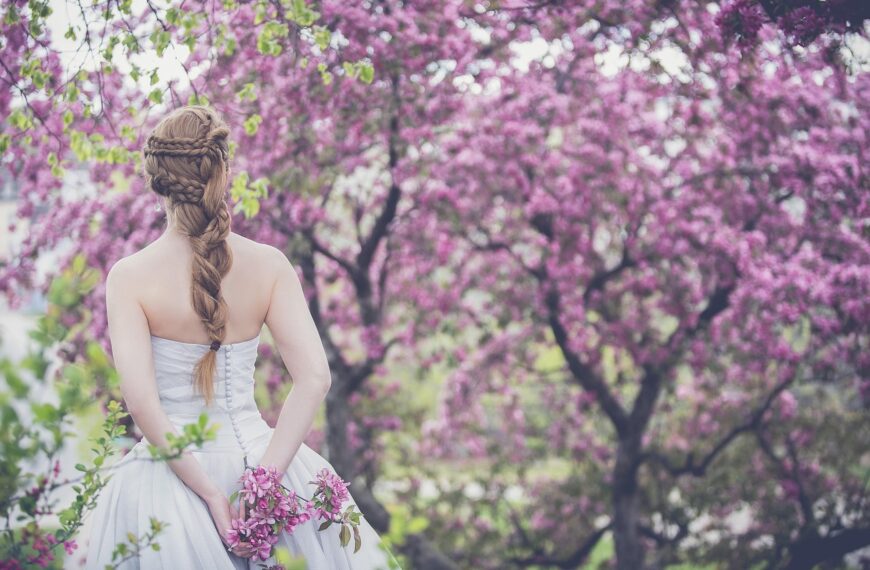 bride, wedding, woman, outdoors, girl, nature, blossoming trees, beautiful flowers, flowers, flower background, braided hair, wedding gown, bridal gown, flower wallpaper, white dress