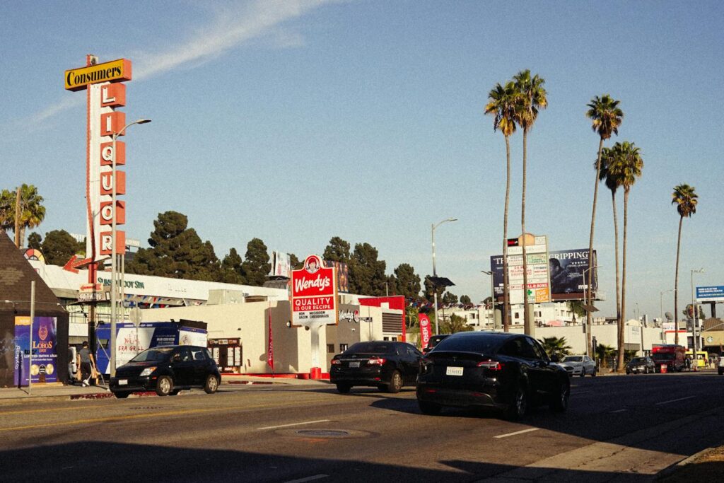 City street with cars, palm trees, and various signs under a clear sky.