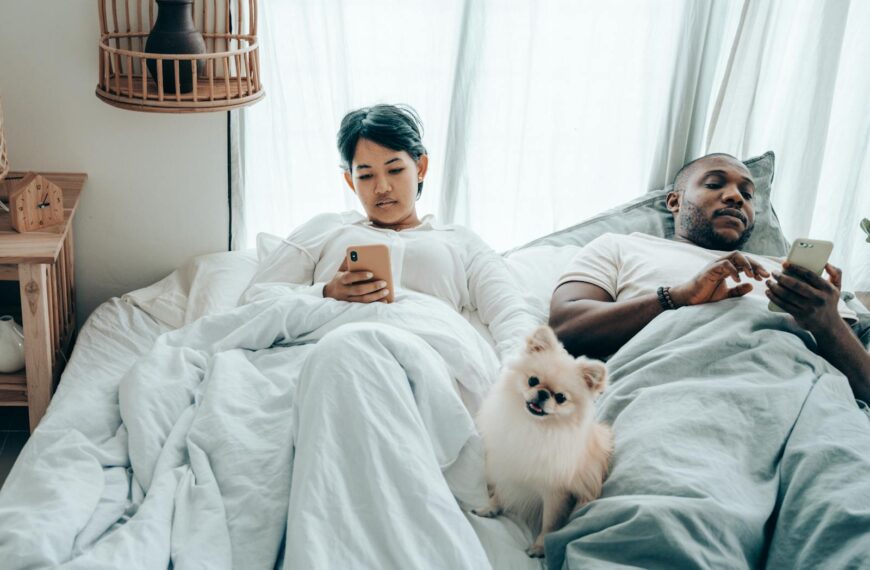 Focused young diverse spouses lying in bed in morning with cute Pomeranian Spitz and browsing smartphones