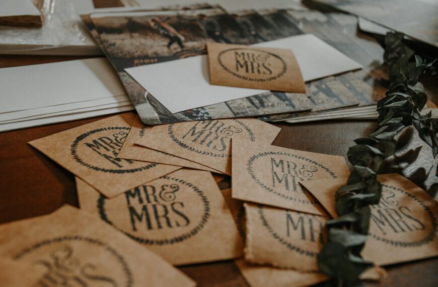 A collection of rustic wedding invitation cards with 'Mr & Mrs' text on a wooden table.