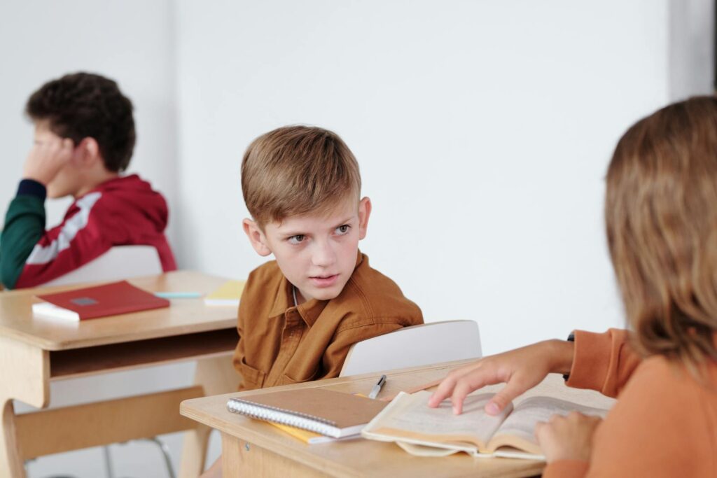 Two caucasian boys in a school setting engaged in a classroom discussion, sitting at desks.