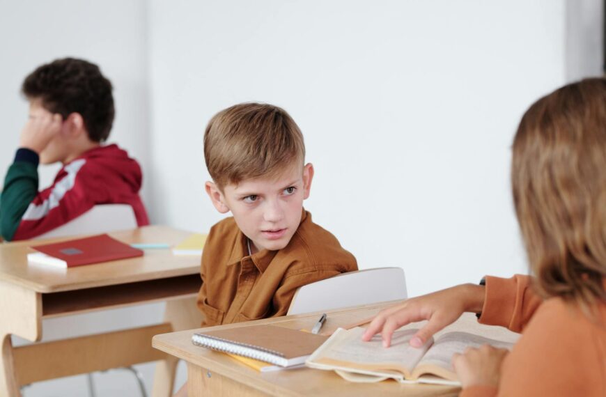 Two caucasian boys in a school setting engaged in a classroom discussion, sitting at desks.