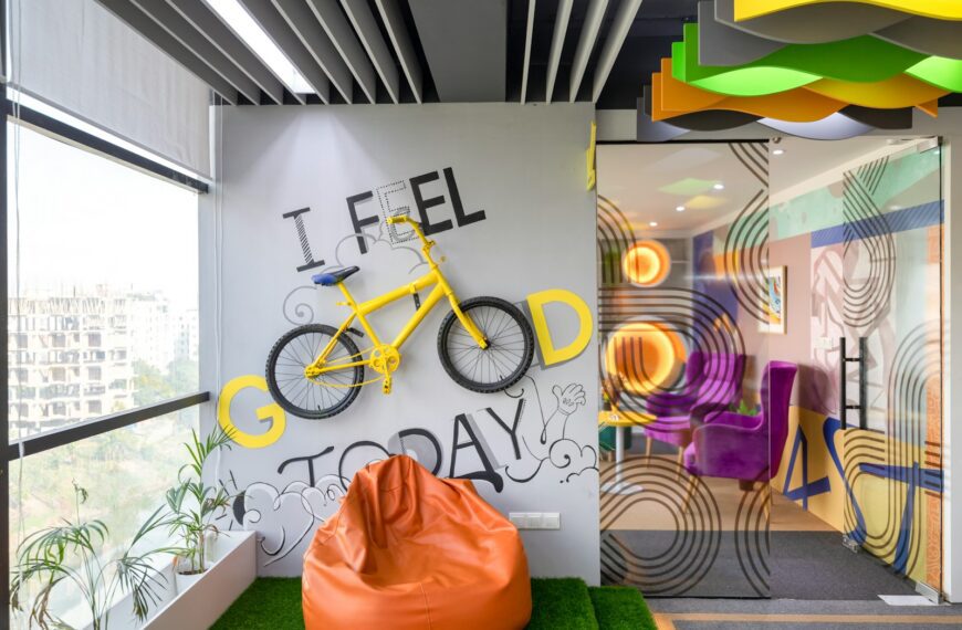 an office with a bike mounted to the wall