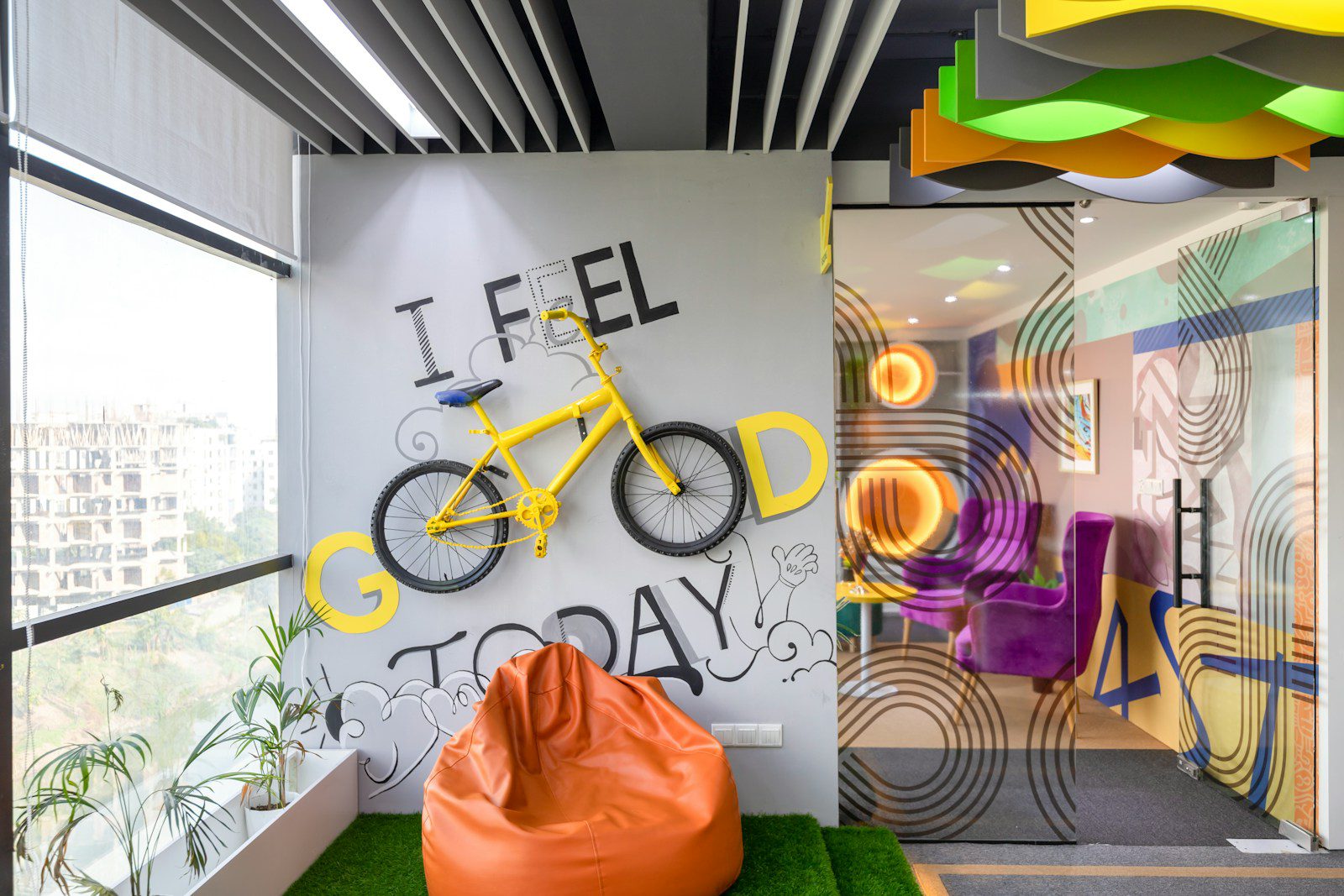 an office with a bike mounted to the wall