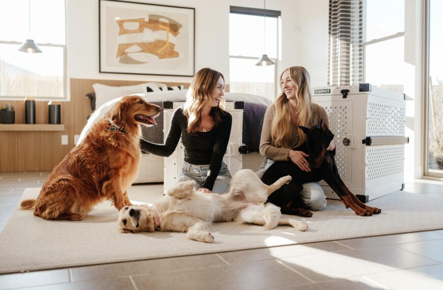 Two women with dogs enjoying a bright, modern interior space.