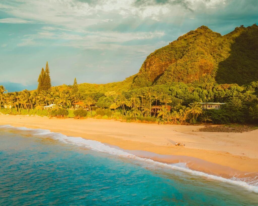 A beautiful aerial view of a tropical beach in Kauai, Hawaii, featuring lush greenery and golden sands.