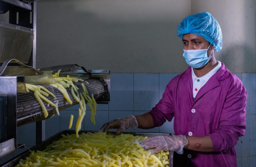 A factory worker in protective gear monitors the production of French fries, ensuring quality control.