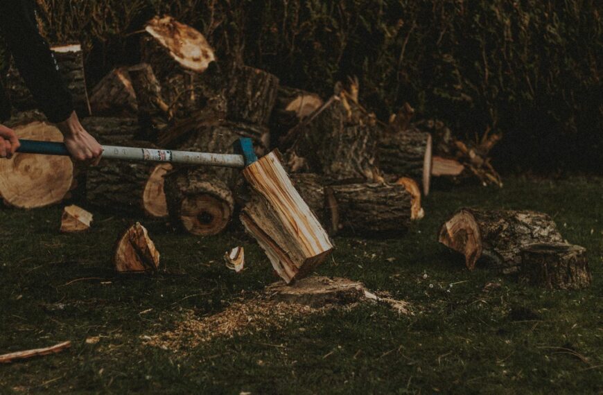 Unrecognizable male worker chopping firewood with ax on grassy lawn near pile of fried logs in suburb area of countryside