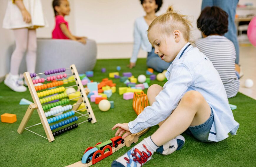 Kids enjoying playtime with toys and activities in a vibrant kindergarten setting.