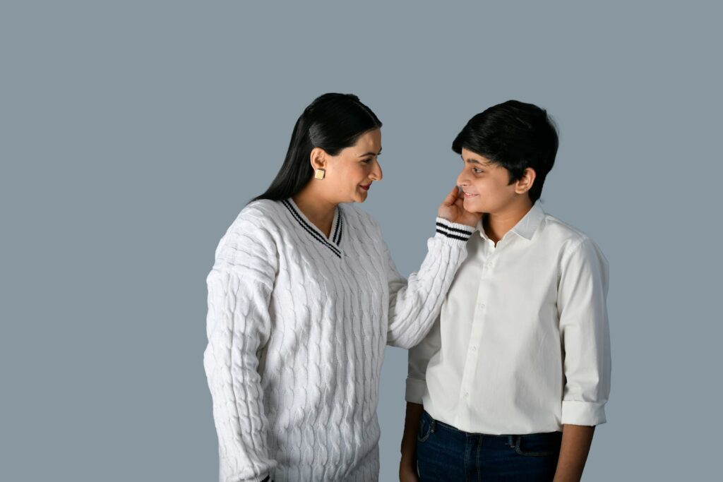 a man and woman looking at each other