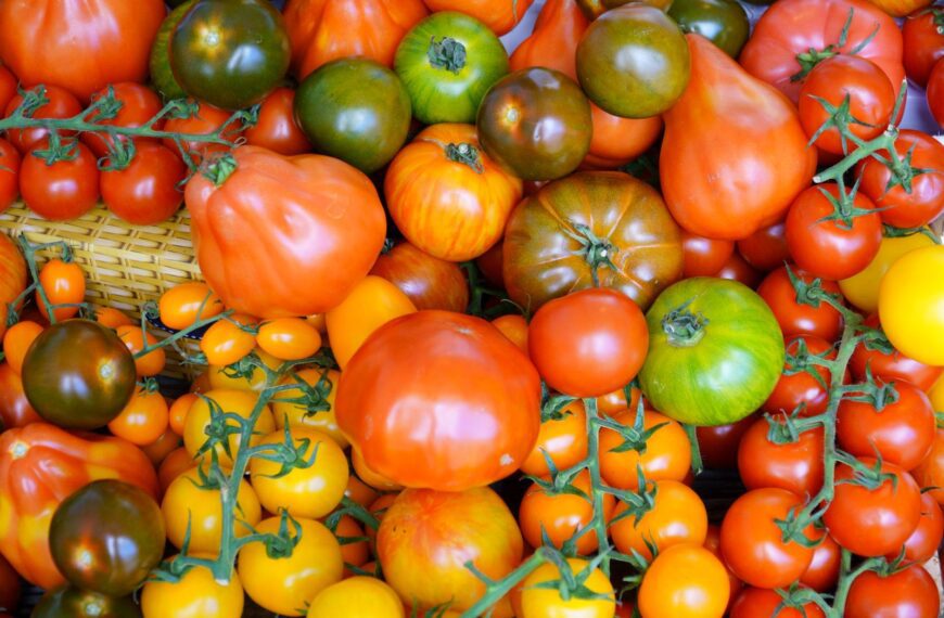 Colorful heirloom tomatoes on display at a market, showcasing variety and freshness.