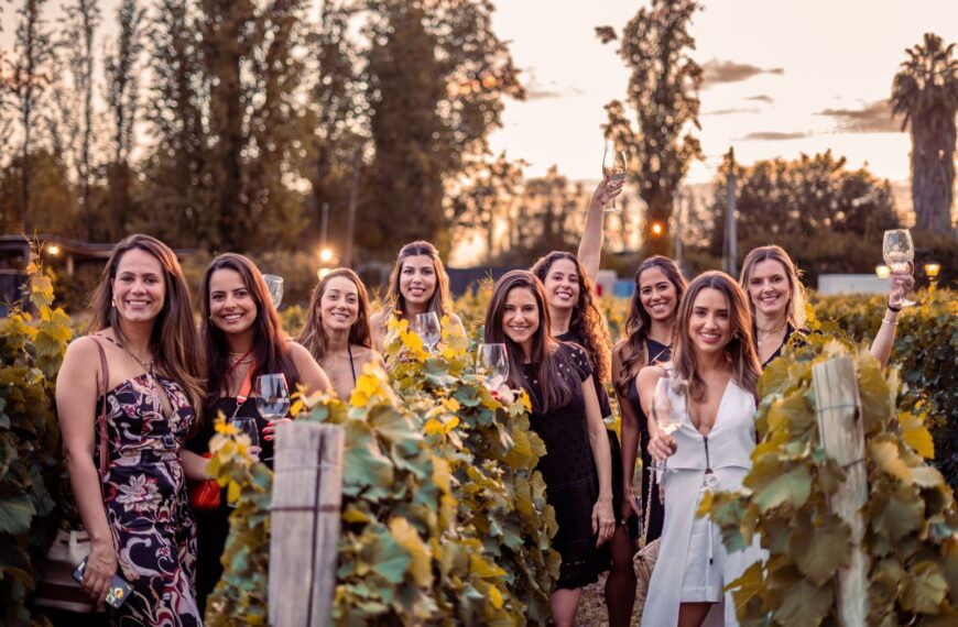 Enjoying a joyful gathering in a vineyard at sunset, celebrating with wine and friends.
