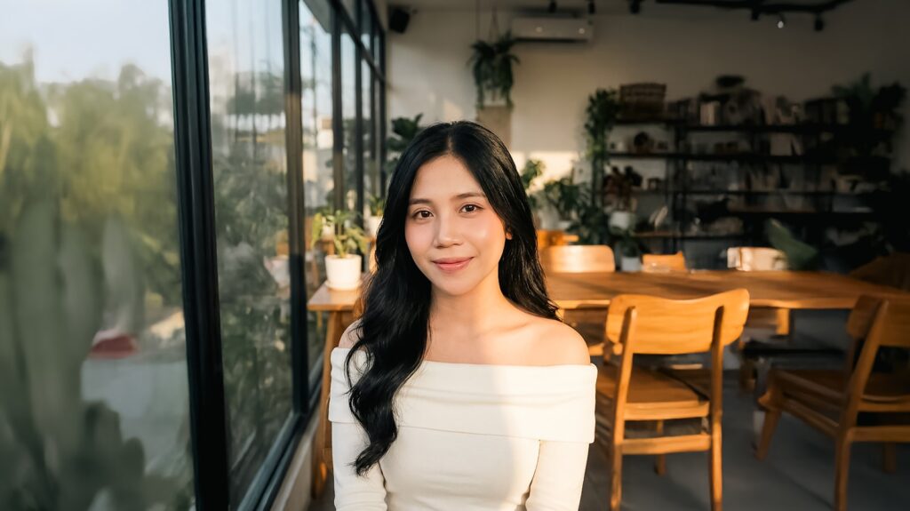 Young woman smiling in a cafe with plants