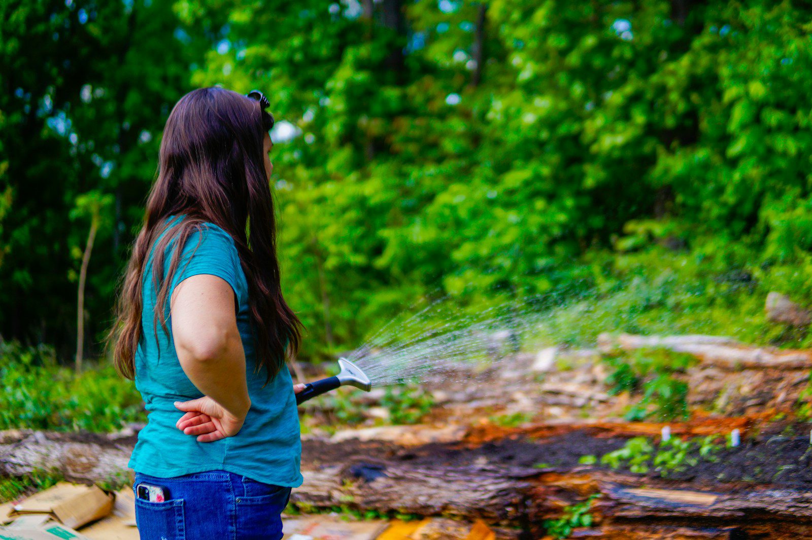 A woman watering plants in a garden with a hose.