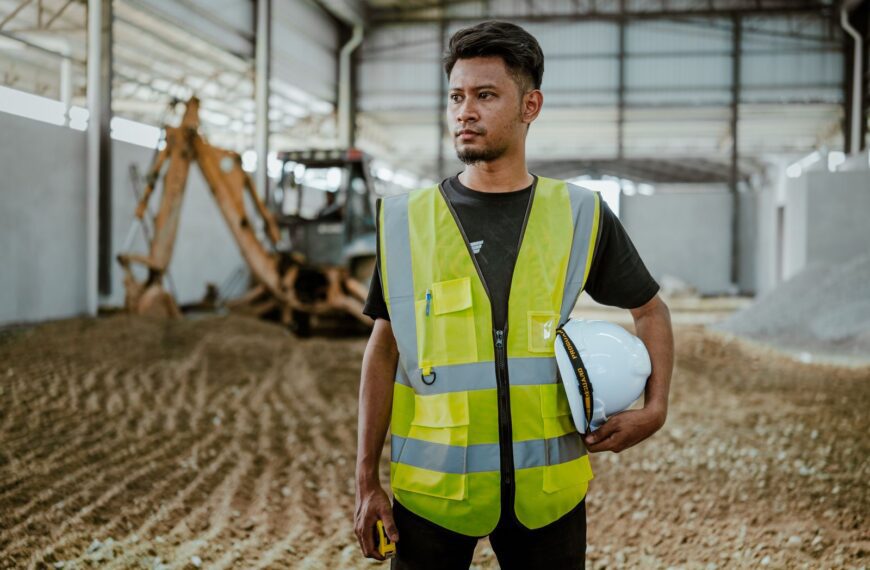 Portrait of a construction worker in safety gear holding a helmet inside an industrial setting.