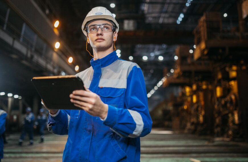 Engineer in safety gear uses a tablet in a large industrial factory setting, focused and diligent.