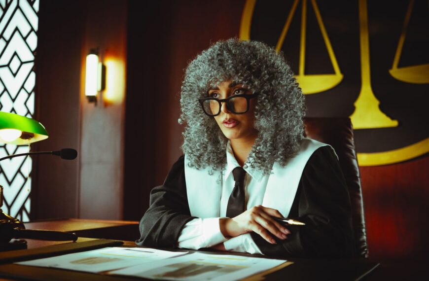 Female judge in courtroom setting, sitting at desk with justice scales in background.
