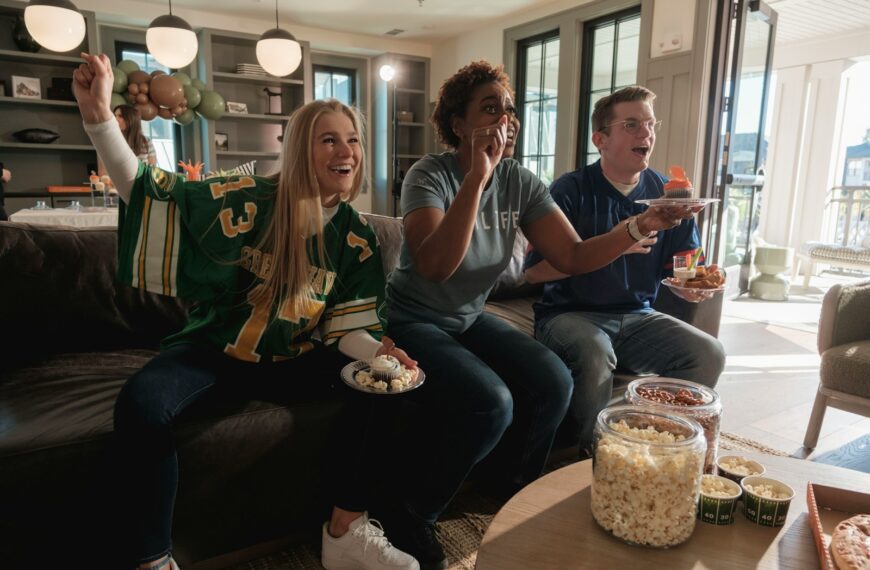 Friends excitedly watching a sporting event at home