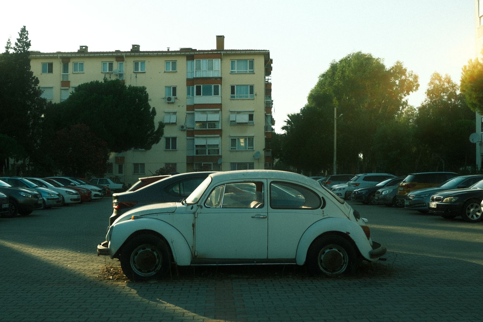 A vintage Volkswagen Beetle parked in an urban residential area with surrounding cars and buildings.