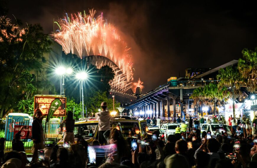 Vibrant fireworks illuminating Sydney Harbor Bridge during New Year's Eve celebration.