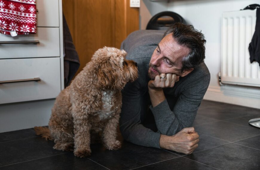 man in black sweater holding brown long coated small dog