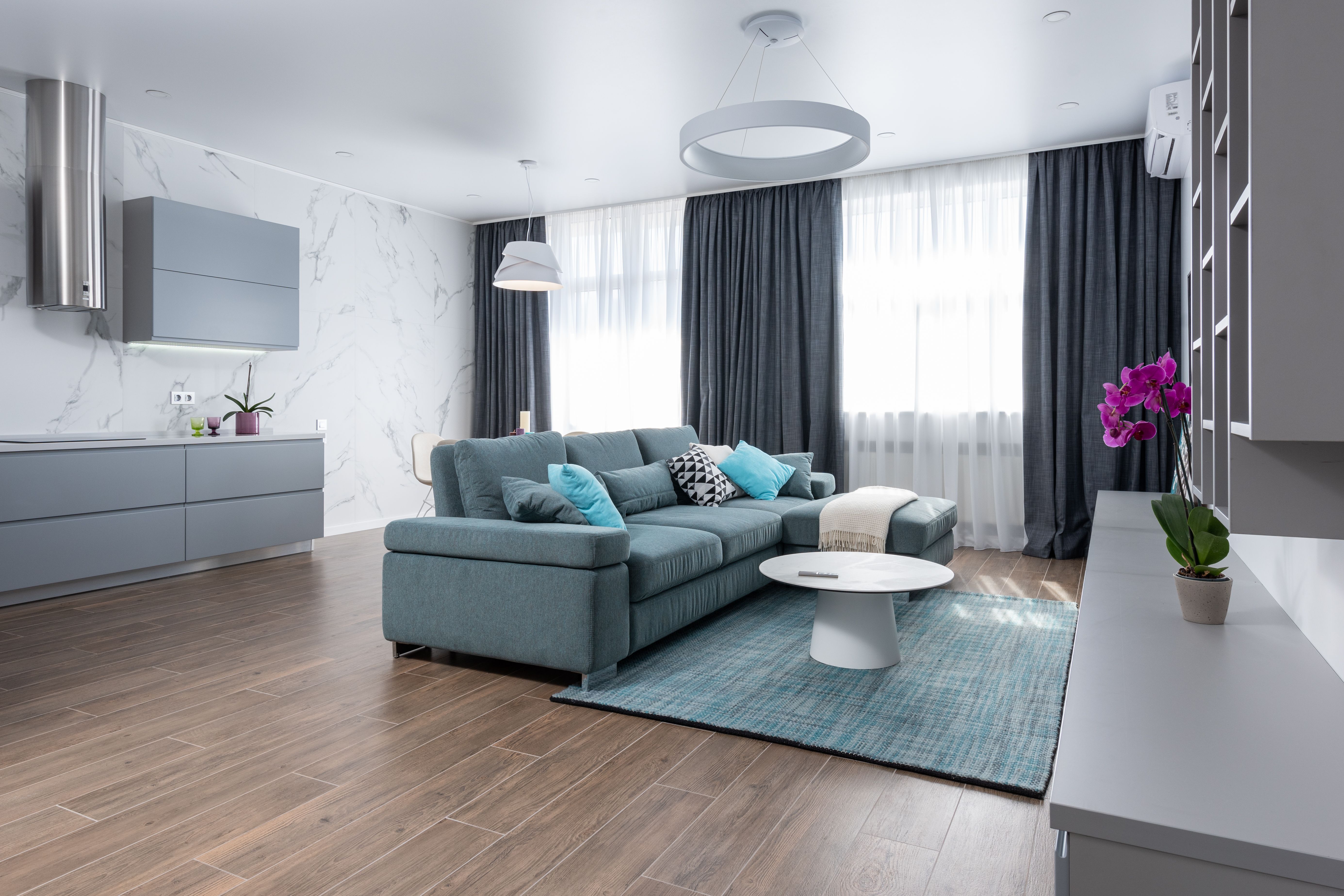 Spacious modern living room with a cozy sofa and elegant furniture