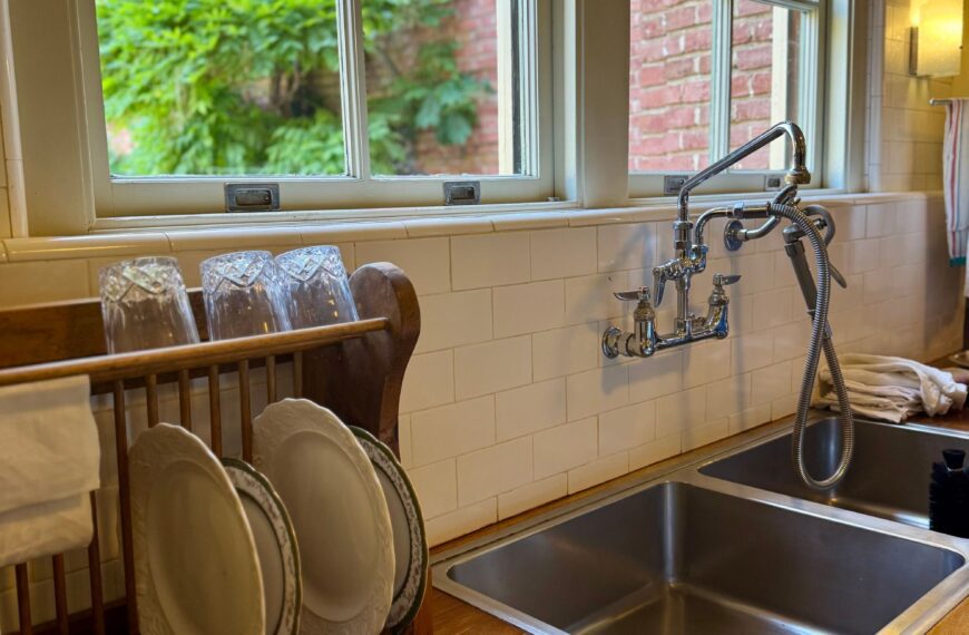 Cozy kitchen sink with dishes beside a sunlit window, illustrating where household germs collect