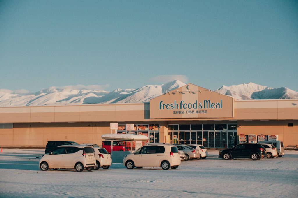 Cars parked in front of a store with mountains behind