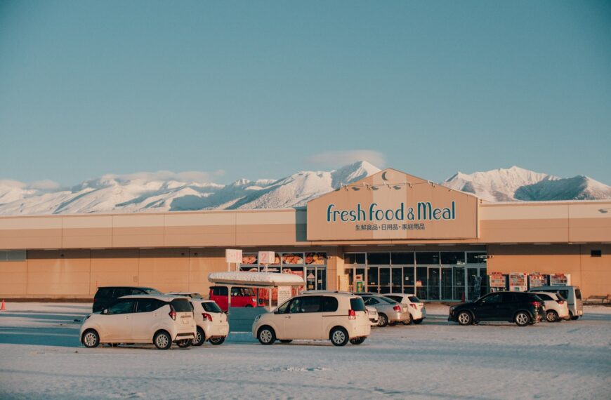 Cars parked in front of a store with mountains behind
