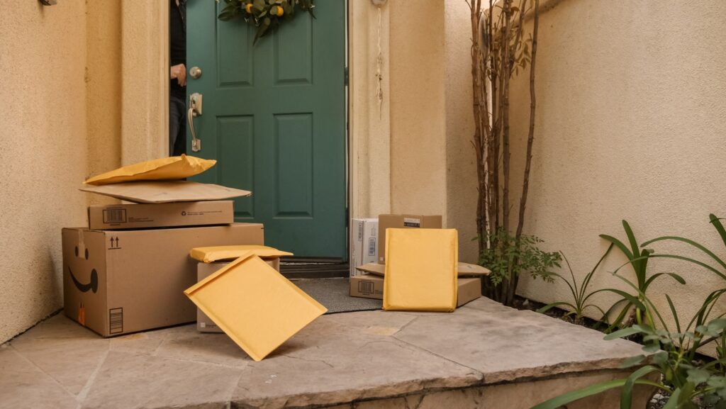 Several cardboard delivery packages stacked on a residential porch in front of a teal front door